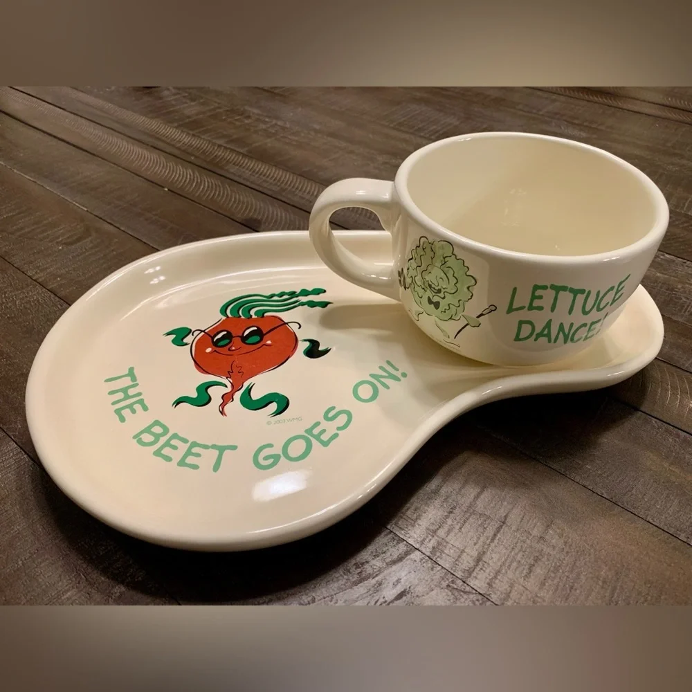 Funny plate & mug “BEET GOES ON” and “LETTUCE DANCE” stoneware lunch dinner set - Picture 1 of 9